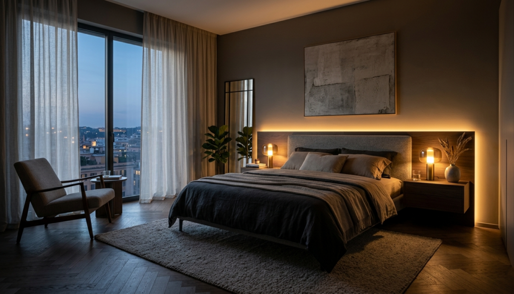 camera da letto matrimoniale con illuminazione stratificata led e lampade da comodino effetto atmosfera
