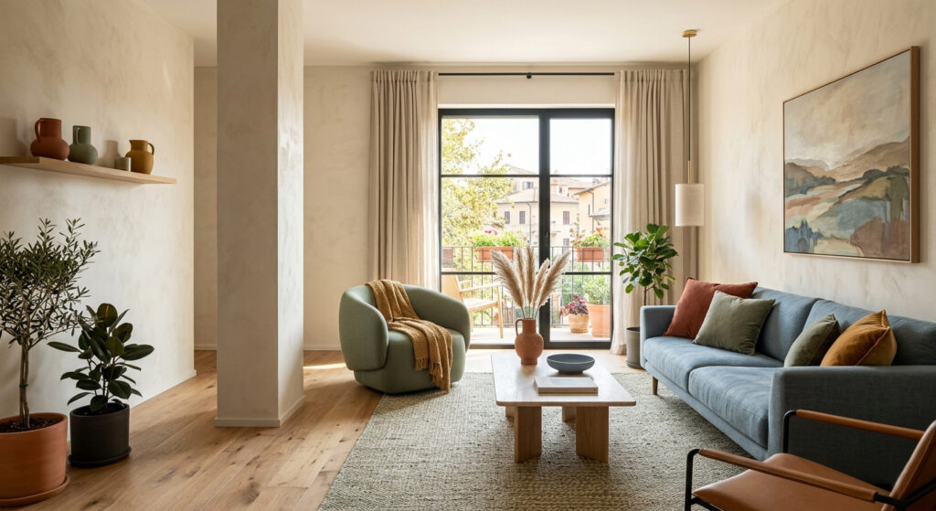 palette cromatica ispirata al Salone 2026 — terracotta, verde salvia, celeste polvere, ocra applicati in un interno residenziale con pareti in intonaco a calce