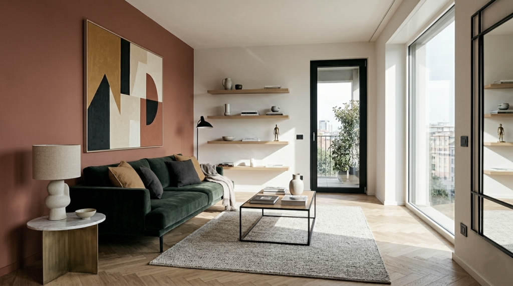 Soggiorno moderno con parete terracotta, divano verde petrolio e pavimento in legno a spina di pesce