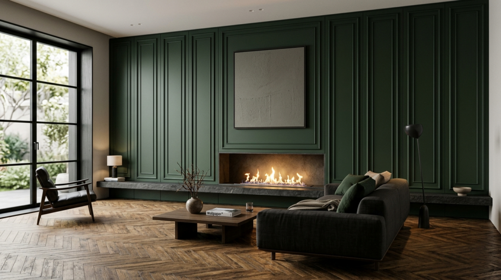Boiserie moderna in MDF verde bottiglia con camino bioetanolo incassato, parquet a spina di pesce e soggiorno contemporaneo