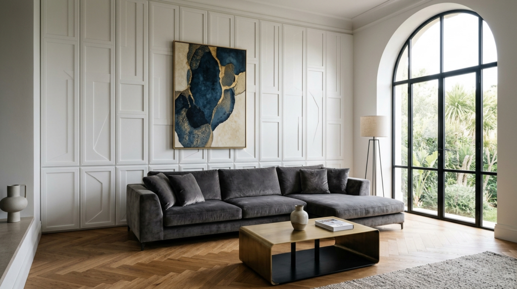 Soggiorno italiano con boiserie moderna in MDF laccato bianco a pannelli geometrici, divano in velluto grigio e parquet a spina di pesce