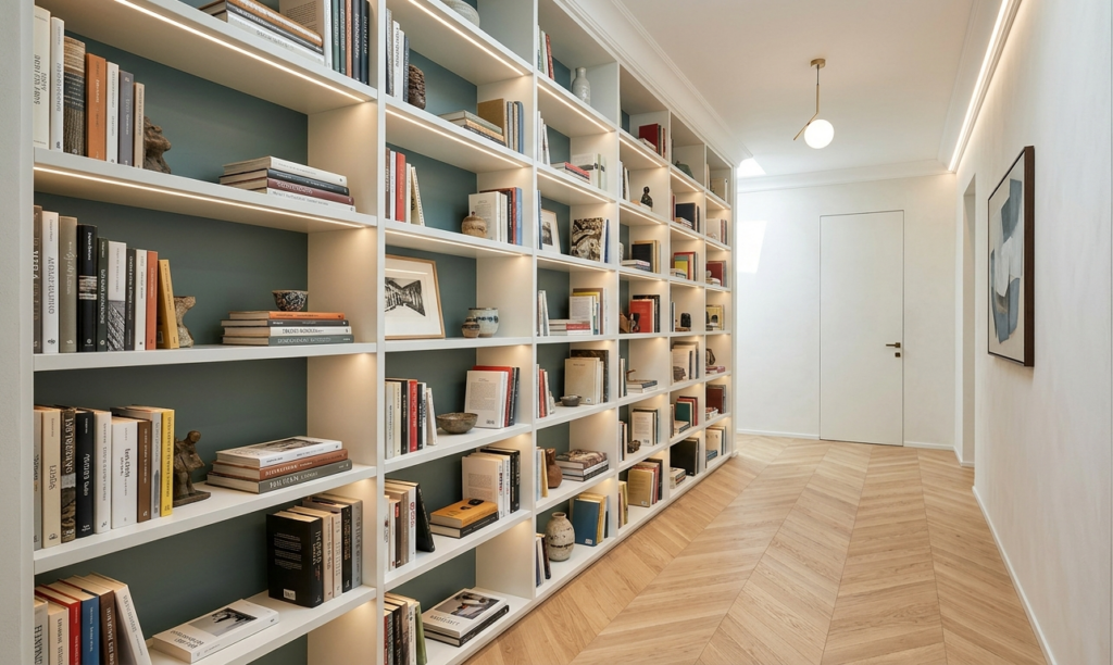 libreria a tutta parete con fondo verde salvia