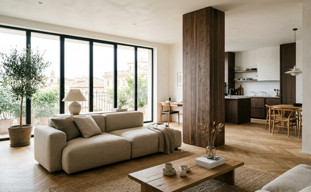 Pilastro in legno scuro usato come divisore naturale tra cucina e zona living in open space italiano con pavimento a spina di pesce