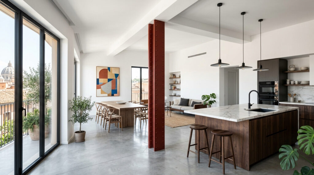 Open space moderno a Roma con pilastro strutturale in acciaio rosso mattone, isola cucina in noce e marmo, pavimento in cemento