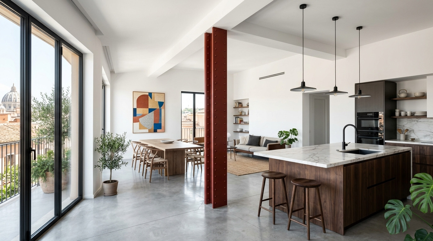 Open space moderno a Roma con pilastro strutturale in acciaio rosso mattone, isola cucina in noce e marmo, pavimento in cemento