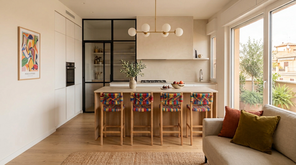 Open space cucina soggiorno con isola, sgabelli intrecciati colorati e vetrata in cucina