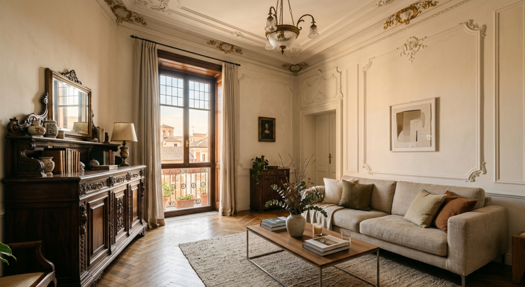 Soggiorno con mobili d'epoca e arredo contemporaneo, quanto costa un interior designer per un progetto di restyling