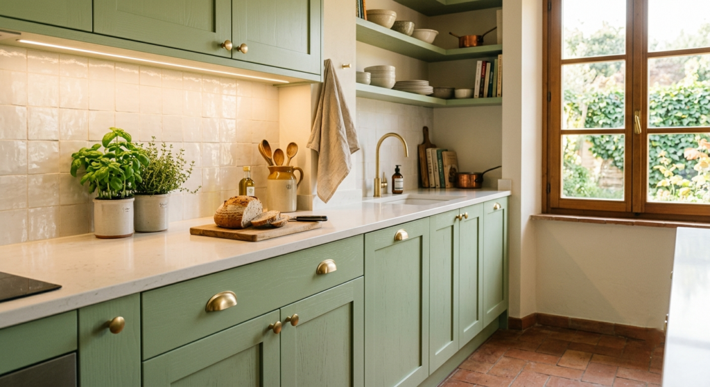 Esempio di restyling cucina vecchia: ante verdi, piano bianco e illuminazione sotto pensile