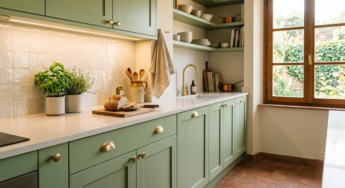 Esempio di restyling cucina vecchia: ante verdi, piano bianco e illuminazione sotto pensile