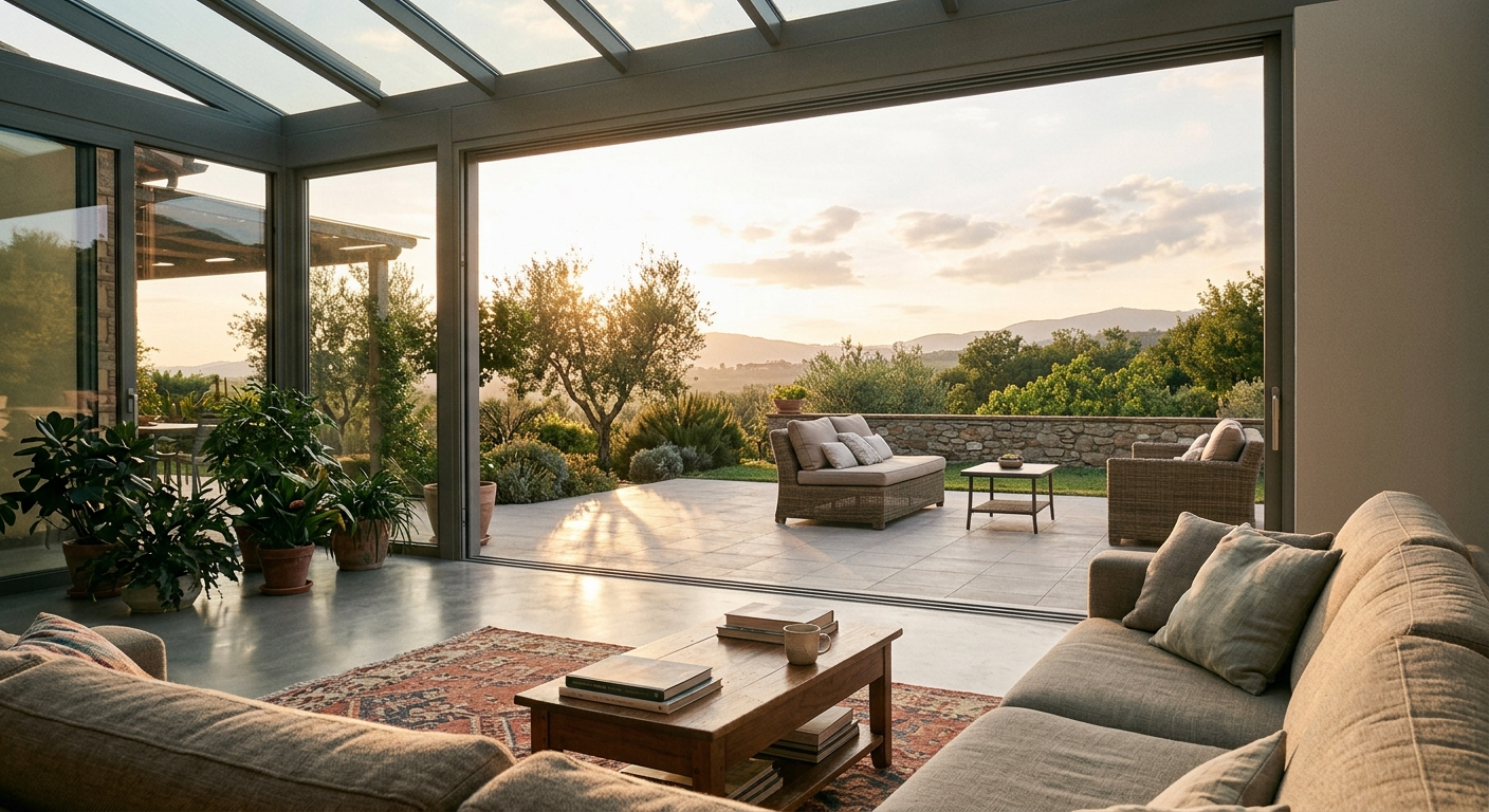 Interior design villa con giardino: soglia aperta tra salotto e patio