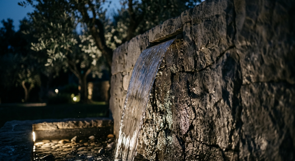 Interior design villa con giardino: dettaglio muro in pietra con lama d'acqua